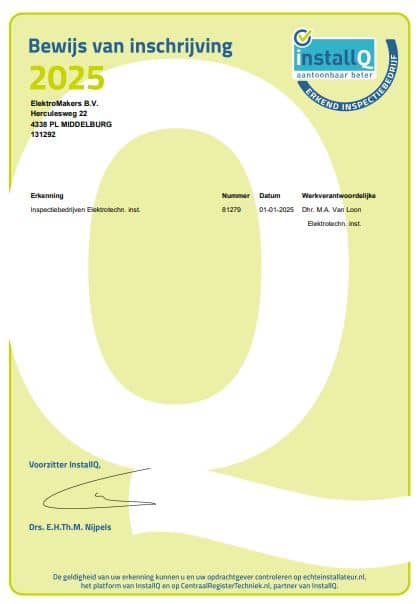 erkenning erkend inspectiebedrijf Elektromakers Installq 2025