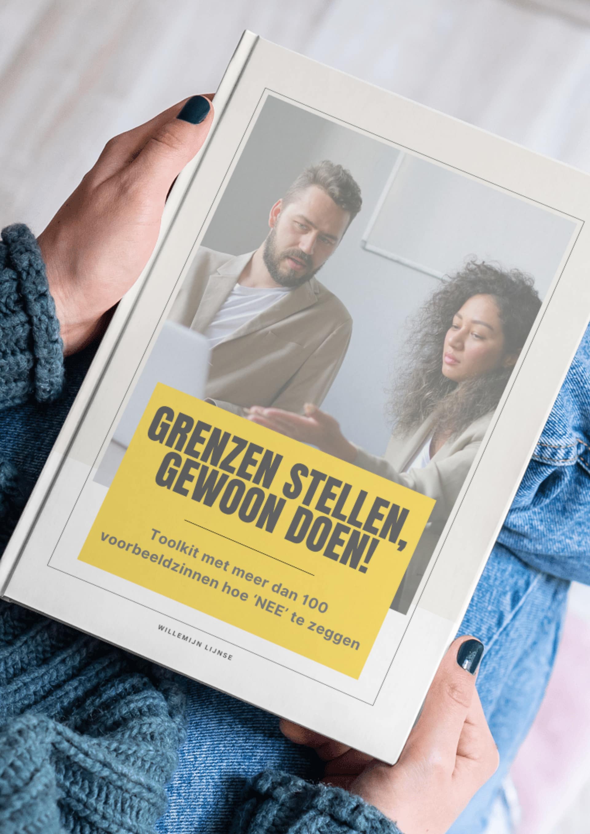 Afbeelding van een assertief gesprek waarbij grenzen worden gecommuniceerd met behulp van duidelijke voorbeeldzinnen.