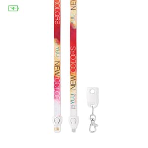 MC1004 Charging cable lanyard with logo 2 in 1 Charging cable lanyard with logo USB-A to Micro-B (2-pin). Only for charging, not for data-transfer. A full colour sublimation design on both sides is included. Material: polyester + plastic. Individually poly bagged. Available in 3 different lengths: 12cm, 20cm, 90cm. We use different printing techniques to add your logo. Depending on the surface we can use embroidery, engraving, 360° imprint or screenprint.