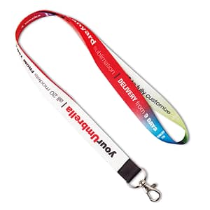 5104 Lanyard with logo 5104 Lanyard with logo made in the EU in fine polyester with metal karabinier. Ca. 90cm. Ribbons are printed in full colour sublimation and printed on one or two sides. The lanyard is cut to size after printing and the positioning of the logo on the reverse of the item may be different per lanyard. It is therefore recommended to use repeated, non-positioned designs for the reverse side. We use different printing techniques to add your logo. Depending on the surface we can use embroidery, engraving, 360° imprint or screenprint.