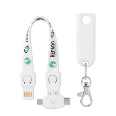 MC1005 Charging cable lanyard with logo 3 in 1 Charging cable lanyard with logo and USB-A to Micro-B (2-pin) and Type-C. Only for charging, not for data-transfer. A full colour sublimation design on both sides is included. Material: polyester + plastic. Individually poly bagged.  Available in 3 different lengths: 12cm, 20cm, 90cm We use different printing techniques to add your logo. Depending on the surface we can use embroidery, engraving, 360° imprint or screenprint