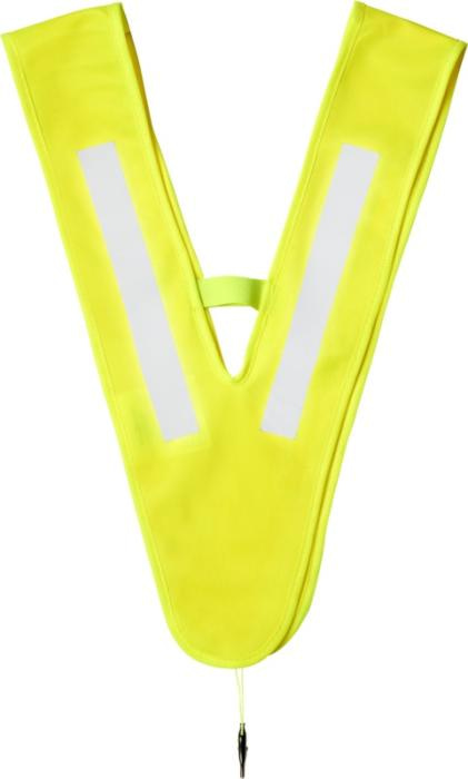 Nikolai V-Shaped Safety Vest with logo Nikolai V-Shaped Safety Vest with logo, unisex and easy to wear for both pedestrians and cyclists. Hook-and-loop closure on the shoulder for extra security.  Available Colors: Neon Yellow Easy to put on, and the strong fastening clip ensures the vest is firmly attached to the clothing. The elastic band at the front and back makes it stretchy and easy to wear over thick coats. Tested and certified to EN13356:2001 Type 2 regulations. Follows the PPE guidelines on the application of Regulation (EU) 2016/425 Personal Protective Equipment Category II. Polyester.
