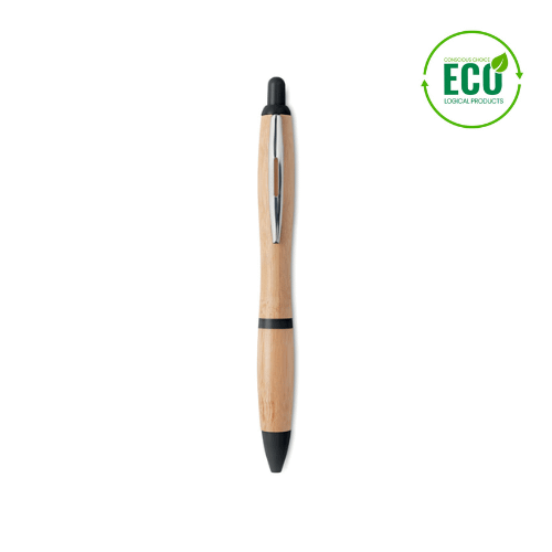 Pen with logo RIO BAMBOO Pen with logo in bamboo and ABS fittings. Blue ink. Push button ball. Available colors: Royal Blue, Black, Red, White, Matt Silver, Lime Dimensions: Ø1,3X14 CM Height: 14 cm Diameter: 1.3 cm Volume: 0.035 cdm3 Gross Weight: 0.011 kg Net Weight: 0.01 kg Depending on the surface we can use embroidery, engraving, 360° imprint or screen print.
