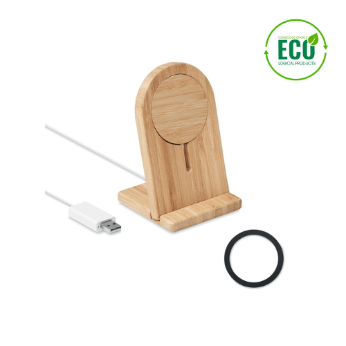 Wireless charger with logo HINTOIS Wireless charger with logo in magnetic bamboo with stand. Output: DC 9V/1.1A (10W). Compatible with iPhone® 12 and newer. Including additional magnetic metal ring to support charging of other non-magnetic wireless chargeable phones. Available color: Wood Dimensions: 8X8X12,5 CM Width: 8 cm Length: 8 cm Height: 12.5 cm Volume: 0.517 cdm3 Gross Weight: 0.167 kg Net Weight: 0.147 kg Depending on the surface we can use embroidery, engraving, 360° imprint or screen print.
