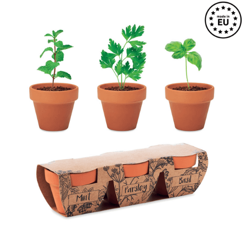 Gadget with logo 3 herb pot set FLOWERPOT Gadget with logo set of 3 clay terracotta pots. Including 3 different seeds of 3 different herbs: mint, parsley and basil. Made in EU. Depending on the surface we can use embroidery, engraving, 360° imprint or screen print.