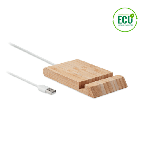 Charging cable with logo ODOS Charging cable with logo in bamboo, 10W wireless charger with stand functionality. Output: DC 9V/1.1A suitable for quick charging. Compatible with latest Androids, iPhone® 8 and newer. Available color: Wood Dimensions: 13X8X1,7 CM Width: 8 cm Length: 13 cm Height: 1.7 cm Volume: 0.3 cdm3 Gross Weight: 0.153 kg Net Weight: 0.123 kg Depending on the surface we can use embroidery, engraving, 360° imprint or screen print.
