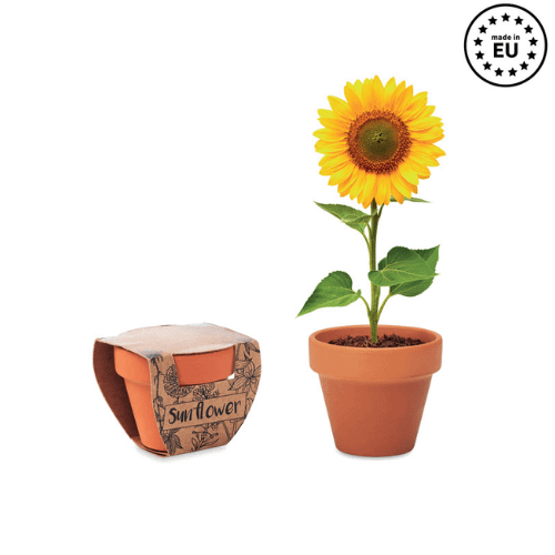Gadget with logo Terracotta pot SUNFLOWER Gadget with logo small clay terracotta pot. Including 'sunflower' seeds. Made in EU. Depending on the surface we can use embroidery, engraving, 360° imprint or screen print.
