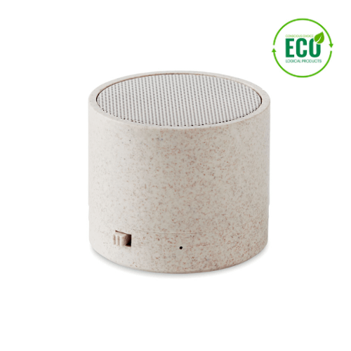 Audio gadget with logo Bluetooth speaker ROUND BASS+ Audio gadget with logo, 5.0 wireless speaker in wheat straw (35%) and ABS(65%) and LED light indication. 1 Rechargeable Lithium 300 mAh battery included. Output data: 3W, 3 Ohm and 5V. Playing time approx. 2h. Available color: Beige Dimensions: Ø6X5 CM Height: 5 cm Diameter: 6 cm Volume: 0.392 cdm3 Gross Weight: 0.173 kg Net Weight: 0.151 kg Depending on the surface we can use embroidery, engraving, 360° imprint or screen print.