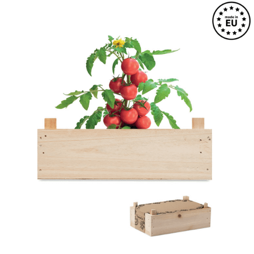 Gadget with logo TOMATO kit Gadget with logo tomato growing kit in a wooden crate. Including garden compost. Made in EU. Not available for sale in the UK. Depending on the surface we can use embroidery, engraving, 360° imprint or screen print.