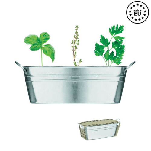 Gadget with logo Zinc tub MIX SEEDS Gadget with logo zinc plated plant tub with a selection of 3 herbs. Basil, thyme and parsley seeds including garden compost. Made in EU. Depending on the surface we can use embroidery, engraving, 360° imprint or screen print.