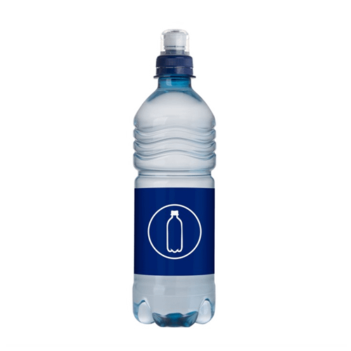 Gadget with logo Sports water Gadget with logo spring water in a bottle of  500 ml for sports events. With sports cap, ribbed bottle made from 100% recycled plastic (R-PET). Surcharge no-labellook label by request. Due to the 100% recycled material, the transparency of the bottles may be different. Depending on the surface we can use embroidery, engraving, 360° imprint or screen print.