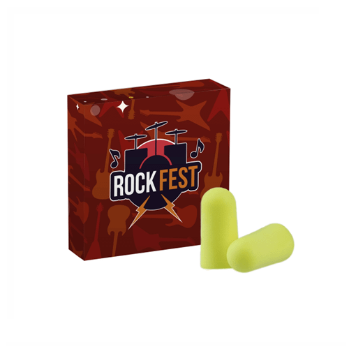 Gadget with logo Ear plugs Gadget with logo high sound demping Ear plugs of SNR 39 in cellophane. Packed in a box. Depending on the surface we can use embroidery, engraving, 360° imprint or screen print.
