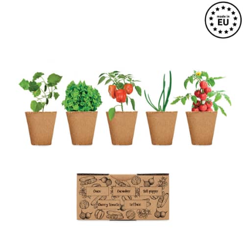 Gadget with logo growing kit SALAD Gadget with logo salad growing kit. Box with Onion, cucumber, bell pepper, cherry tomato and lettuce seeds. Made in EU. Not available for sale in the UK . Depending on the surface we can use embroidery, engraving, 360° imprint or screen print.