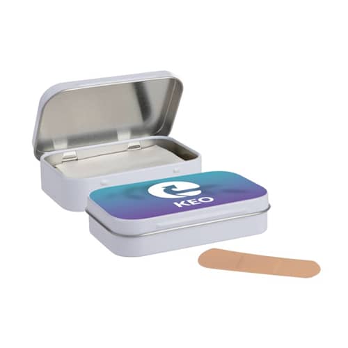 Gadget with logo Plasters in tin Gadget with logo 20 plasters in tin. Produced in Germany according to EU Directive 93/42/EWG Depending on the surface we can use embroidery, engraving, 360Â° imprint or screen print.