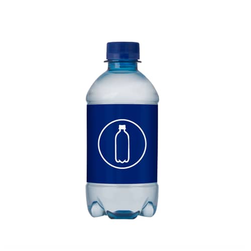 Gadget with logo Small water bottle Gadget with logo spring water in a small bottle of 330 ml with screw cap. 330 ml in a bottle made from 100% recycled plastic (R-PET), with screw cap. Surcharge no-labellook label by request. Due to the 100% recycled material, the transparency of the bottles may be different. Depending on the surface we can use embroidery, engraving, 360° imprint or screen print.