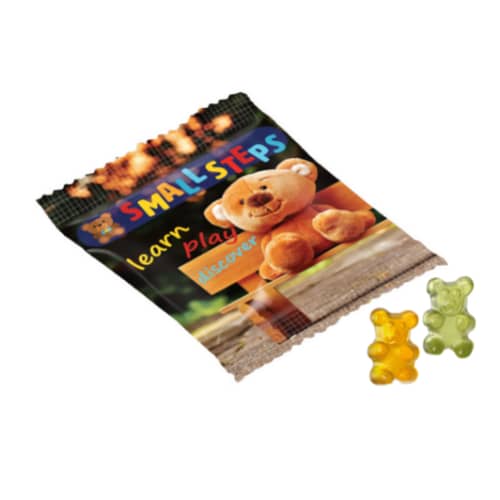 Sweets with logo Fruit jelly With this bag of fruit gummies you give away a tasty and fun product, where you can choose from various shapes of fruit gummies to perfectly match the wishes of your customer. This bag of fruit gummies is a perfect small gift or giveaway for your relations or for events. The compact size ensures that you can easily take the bags with you wherever you go and distribute them. The sweets are in various Easter shapes and colors. The sweets are packed in a compostable bag and can be printed completely with your logo and/or text. Also available with white foil. approx. 10 gram fruit jelly in standard shape. Magnus Business Gifts is your partner for merchandising, gadgets or unique business gifts since 1967. Certified with Ecovadis gold!