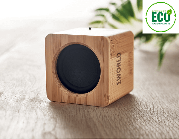 Audio gadget with logo Bluetooth speaker AUDIO Audio gadget with logo, Bluetooth speaker 5.0 with bamboo casing with LED light indication. 1 Rechargeable Lithium 500 mAh battery included. Output data: 3W, 3 Ohm and 5V. Playing time approx. 4h (70% volume). Available color: Wood Dimensions: 6X6X6,3 CM Width: 6 cm Length: 6 cm Height: 6.3 cm Volume: 0.518 cdm3 Gross Weight: 0.226 kg Net Weight: 0.196 kg Depending on the surface we can use embroidery, engraving, 360° imprint or screen print.