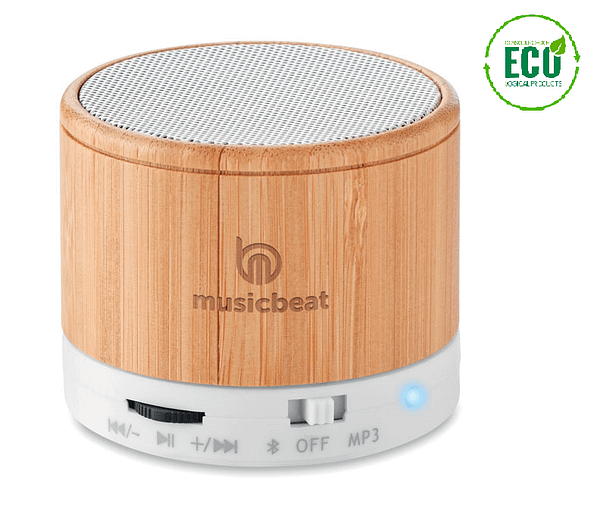 Audio gadget with logo Bluetooth speaker Round Bamboo Audio gadget with logo, Bluetooth speaker 4.2 in ABS with bamboo casing and LED light indication. 1 Rechargeable Lithium 450 mAh battery included. Includes a SD card port and an AUX/ USB cable. Hands free call function. Output data: 3W, 3 Ohm and 5V. Playing time aprox. 3h. Bamboo is a natural product, there may be slight variations in color and size per item, which can affect the final decoration outcome. Available color: White, Black Dimensions: Ø6X5 CM Height: 5 cm Diameter: 6 cm Volume: 0.416 cdm3 Gross Weight: 0.14 kg Net Weight: 0.121 kg Depending on the surface we can use embroidery, engraving, 360° imprint or screen print.