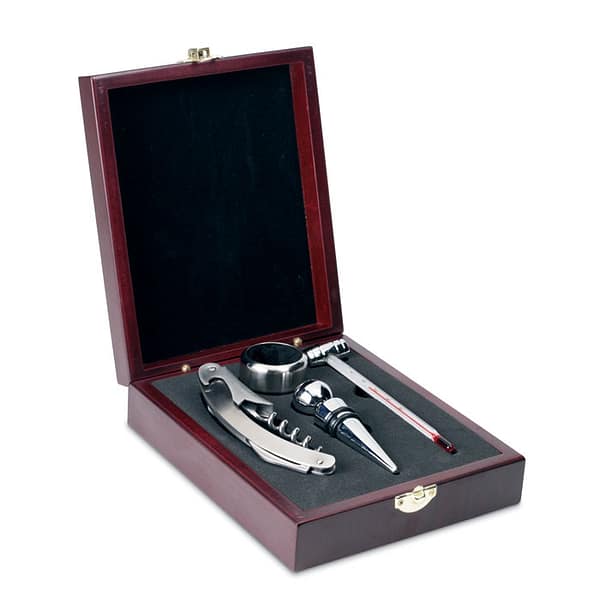PREMIUM wine set with logo Elegant wine set with logo presented in wooden box. With wine stopper, corkscrew, bottle collar and thermometer. We use different printing techniques to add your logo. Depending on the surface we can use embroidery, engraving, 360° imprint or screenprint.