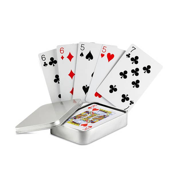 Gadget with logo playing cards AMIGO Gadget with logo 54 classic playing cards in a silver tin box. Depending on the surface we can use embroidery, engraving, 360° imprint or screen print.