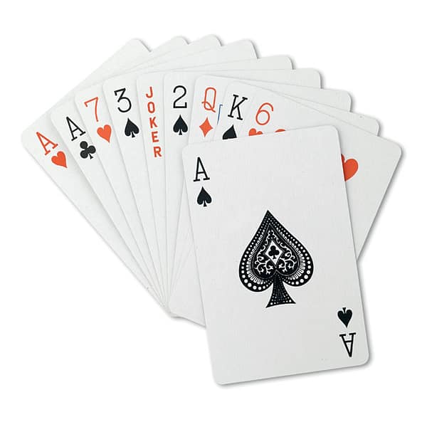 Gadget with logo Playing cards ARUBA. 54 Classic playing cards with logo in a plastic box.  Depending on the surface we can use embroidery, engraving, 360° imprint or screenprint.