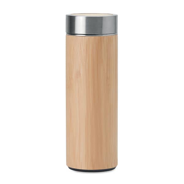 Thermos with logo Batumi Thermos with logo with double wall stainless steel. Capacity: 400 ml. Insulating vacuum flask thermos with bamboo cover and additional tea infuser. Bamboo is a natural product, there may be slight variations in color and size per item, which can affect the final decoration outcome. Depending on the surface we can use embroidery, engraving, 360° imprint or screen print.