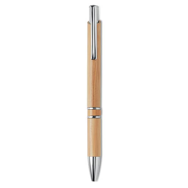 Pen with logo BERN BAMBOO Pen with logo in aluminium fittings with bamboo barrel. Blue ink. Push button pen. Available color: Wood Dimensions: Ø1,1X14 CM Height: 14 cm Diameter: 1.1 cm Volume: 0.03 cdm3 Gross Weight: 0.011 kg Net Weight: 0.01 kg Depending on the surface we can use embroidery, engraving, 360° imprint or screen print.