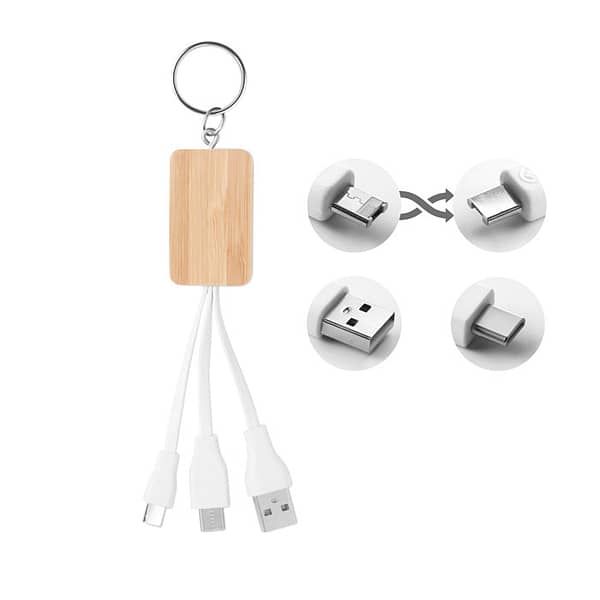 Charging Cable with logo CLAUER Charging cable with logo with bamboo cover key ring with USB-A to Micro-B (2 in 1 pin) and Type C. Bamboo is a natural product, there may be slight variations in color and size per item, which can affect the final decoration outcome. Available color: Wood Dimensions: 12,5X2,7X0,8 CM Width: 2.7 cm Length: 12.5 cm Height: 0.8 cm Volume: 0.132 cdm3 Gross Weight: 0.026 kg Net Weight: 0.022 kg Depending on the surface we can use embroidery, engraving, 360° imprint or screen print.