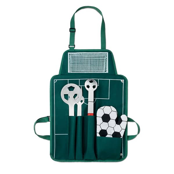 Gadget with logo Soccer apron DONAU BALLY Gadget with logo, Soccer apron with BBQ toolkit and three different tools and one glove. Apron in 600D polyester. Available color: Green Dimensions: 74X50X2CM Width: 50 cm Length: 74 cm Height: 2 cm Volume: 0.89 cdm3 Gross Weight: 0.89 kg Net Weight: 0.848 kg Depending on the surface we can use embroidery, engraving, 360° imprint or screen print. Magnus Business Gifts anticipated on what society expects today: focus on corporate social responsibility. Combined with our top service, if required, without extra service for low budget solutions. Magnus Business Gifts is your partner for merchandising, gadgets or unique business gifts since 1967. Certified with Ecovadis gold 2022!