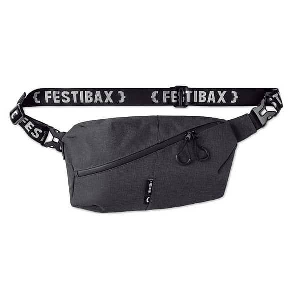 Fanny bag with logo FESTIBAX BASIC. FESTIBAX BASIC Waist bag with logo. 300D 2 tone cationic dyed polyester with waterproof zipper and detachable and adjustable strap. Including a front and back anti-theft compartment. The ultimate festival bag. We use different printing techniques to add your logo. Depending on the surface we can use embroidery, engraving, 360° imprint or screenprint.