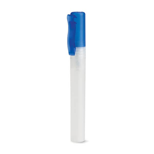 Pen with logo Hand cleanser FRESH Pen with logo with Hand cleanser spray on top. 10 ml. Non-alcohol formulation. This product is classified as a cosmetic item. Available colors: Blue, Green, Transparent Depending on the surface we can use embroidery, engraving, 360° imprint or screen print.