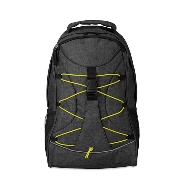 Backpack with logo MONTE LEMA Backpack with logo in 600D 2 tone polyester with colorful contrasting facing. Glow in the dark cord on the front panel. Mesh pockets on both sides. Depending on the surface we can use embroidery, engraving, 360° imprint or screenprint.
