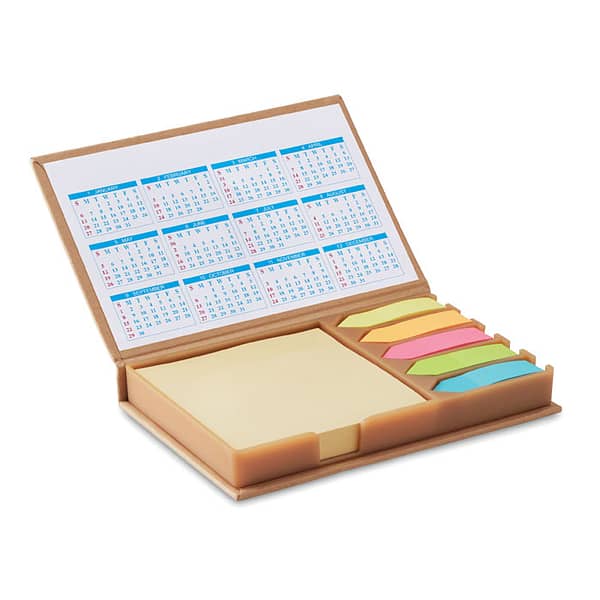 Sticky notes with logo MEMOCALENDAR Large yellow sticky notes with logo. 5 assorted colour arrow index markers. 4 year calendar on the lid inner side. Depending on the surface we can use embroidery, engraving, 360° imprint or screen print.
