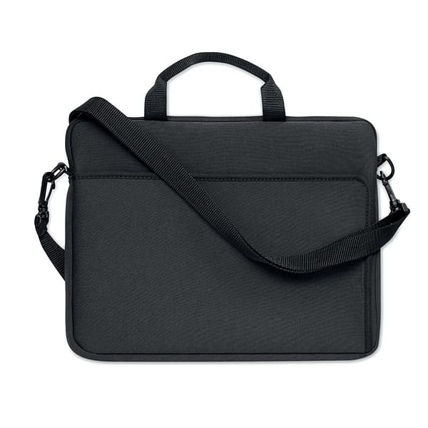 Laptop bag with logo NEOLAP Laptop bag with logo, 14 inch in neoprene with handle. Adjustable and detachable shoulder strap. Available color: Black Dimensions: 35X2X26 CM Width: 2 cm Length: 35 cm Height: 26 cm Volume: 2.2 cdm3 Gross Weight: 0.312 kg Net Weight: 0.292 kg Depending on the surface we can use embroidery, engraving, 360° imprint or screen print.