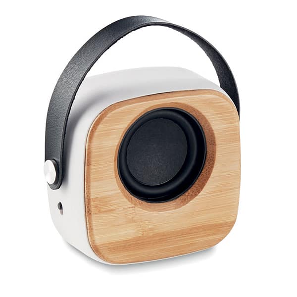 Audio gadget with logo Bluetooth speaker OHIO SOUND Audio gadget with logo, Bluetooth speaker 5.0 in ABS with bamboo front and PU strap. 1 Rechargeable Li-ION 500 mAh battery. Output data: 3W and 4 Ohm. Playing time approx. 4 hours. Available color: White Dimensions: 7.5X7X3.4 CM Width: 7 cm Length: 7.5 cm Height: 3.4 cm Volume: 0.463 cdm3 Gross Weight: 0.123 kg Net Weight: 0.086 kg Depending on the surface we can use embroidery, engraving, 360° imprint or screen print.