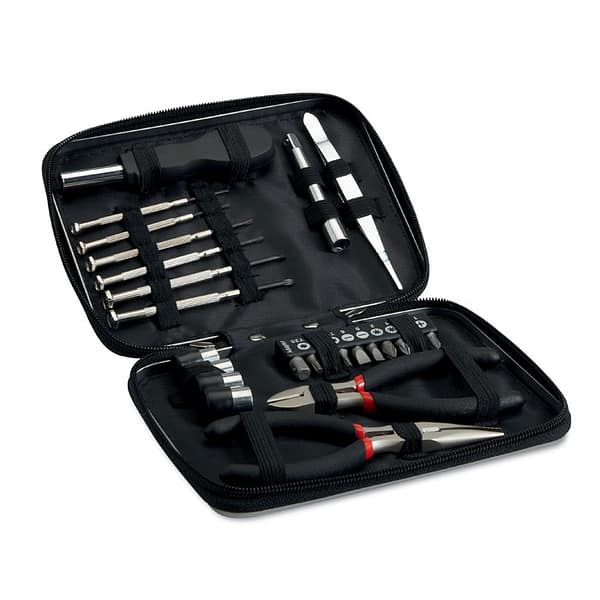 Gadget with logo Toolkit PAUL Tool set with logo presented in aluminium case containing 1 nose plier, 1 cutting plier, 1 socket screwdriver, 1 extender, 10 pieces bit set, 1 tweezers and 6 precision screwdriver. Available color: Black Dimensions: 18X13,5X3 CM Width: 13.5 cm Length: 18 cm Height: 3 cm Volume: 1.23 cdm3 Gross Weight: 0.607 kg Net Weight: 0.525 kg Magnus Business Gifts is your partner for merchandising, gadgets or unique business gifts since 1967. Certified with Ecovadis gold!
