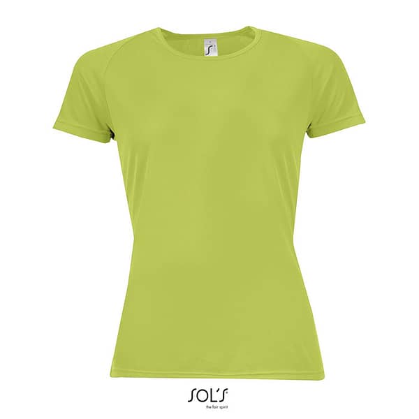 T-shirt with logo Sporty women T-shirt with logo in 140g/m² breathable polyester material with raglan sleeves. Flat lock seams makes this product ideal for all your sports activities. Figure-sewn fit, banded collar and longer back. It comes in a variety of sizes and colors as well as in neon colors. Fabric details: 140g/m2 100% polyester mesh. Only sold with print Depending on the surface we can use embroidery, engraving, 360° imprint or screen print.