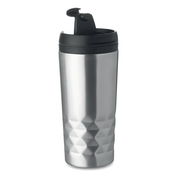 Cup with logo TAMPAS Double wall stainless steel travel cup with logo with inner PP and lid. Capacity: 280 ml. Available color: Matt Silver Dimensions: Ã˜7X16CM Height: 16 cm Diameter: 7 cm Volume: 1.276 cdm3 Gross Weight: 0.2 kg Net Weight: 0.15 kg Magnus Business Gifts is your partner for merchandising, gadgets or unique business gifts since 1967. Certified with Ecovadis gold!