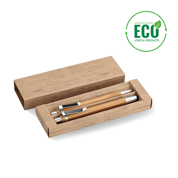 Pen and pencil set with logo BAMBOOSET Pen and pencil set with logo in bamboo which includes a stylus push button pen and a mechanical pencil presented in a paper box. Blue ink. Available color: Wood Dimensions: 16X5X2 CM Width: 5 cm Length: 16 cm Height: 2 cm Volume: 0.32 cdm3 Gross Weight: 0.045 kg Net Weight: 0.04 kg Depending on the surface we can use embroidery, engraving, 360° imprint or screen print.