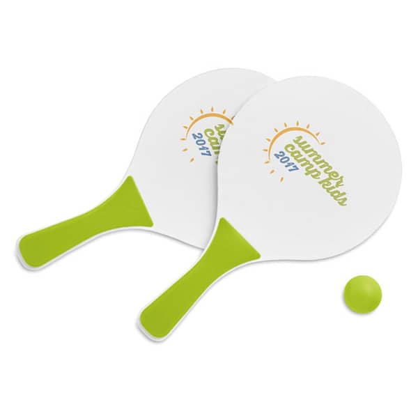Beach gadget with logo tennis set MINI MATCH Beach gadget with logo small beach tennis set. Consisting of 2 MDF rackets and 1 soft ball. Depending on the surface we can use embroidery, engraving, 360° imprint or screen print.
