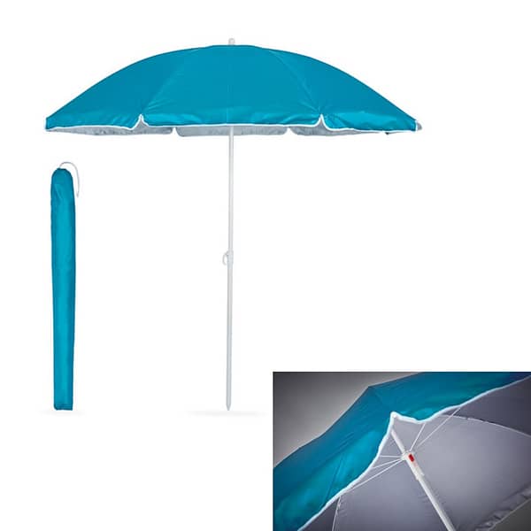Beach gadget with logo umbrella PARASUN Beach gadget with logo portable sun shade umbrella in 210T polyester. With inner UV coating for instant protection (SPF 30+). Lightweight and adjustable. Portable pouch included. Ø 150 cm. Depending on the surface we can use embroidery, engraving, 360° imprint or screen print.