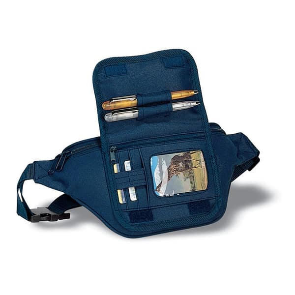 Fanny pack with logo FRUBI. Waist fanny pack with logo and pocket for credit cards and pen. 600D polyester. Available colors blue and black. Depending on the surface we can use embroidery, engraving, 360° imprint or screenprint.