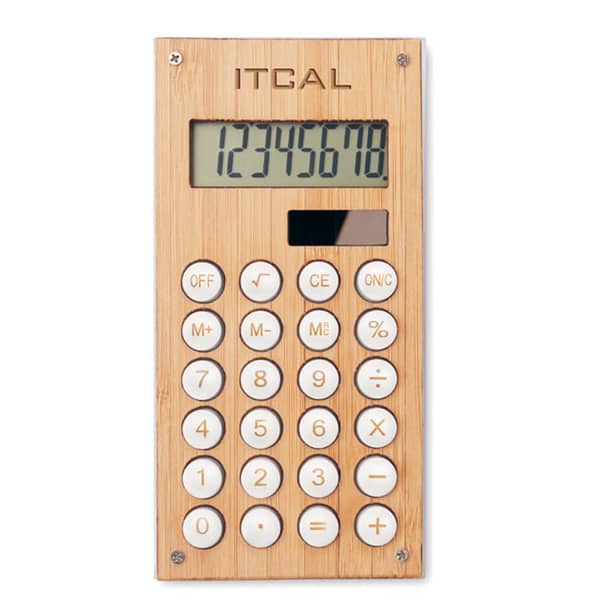 Gadget with logo Calculator 8 digit CALCUBAM Gadget with logo 8 digit calculator dual power in ABS with bamboo case. 1 cell battery (LR1131) included. Depending on the surface we can use embroidery, engraving, 360° imprint or screen print.