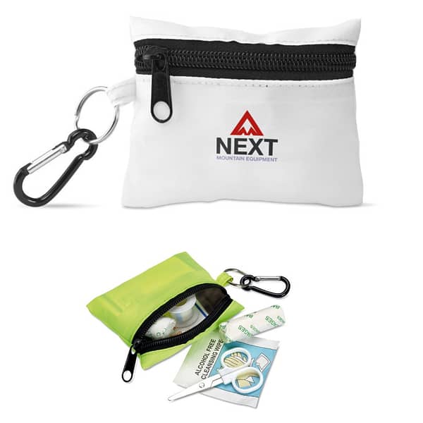 Gadget with logo first aid kit MINIDOC Gadget with logo emergency first aid kit. Including scissors, a wet wipe, a gauze bandage, 3 cotton buds and 5pcs adhesive bandages. All packed in a polyester pouch with karabinier. Depending on the surface we can use embroidery, engraving, 360° imprint or screen print.