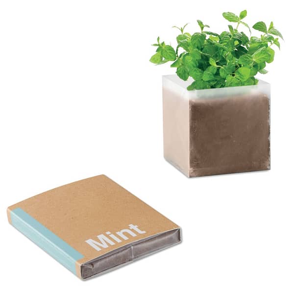 Gadget with logo MINT seeds Gadget with logo mint seeds in a bag. By adding 300ml water you get 1 liter of garden compost. Depending on the surface we can use embroidery, engraving, 360° imprint or screen print.