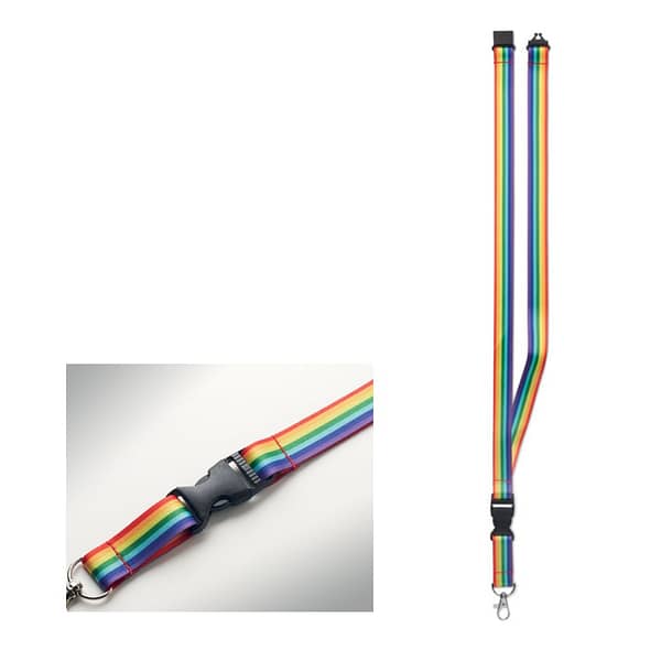 Lanyard with logo Rainbow RPET Rainbow Lanyard with logo and hook in RPET. Detachable buckle and safety breakaway. Depending on the surface we can use embroidery, engraving, 360° imprint or screenprint.