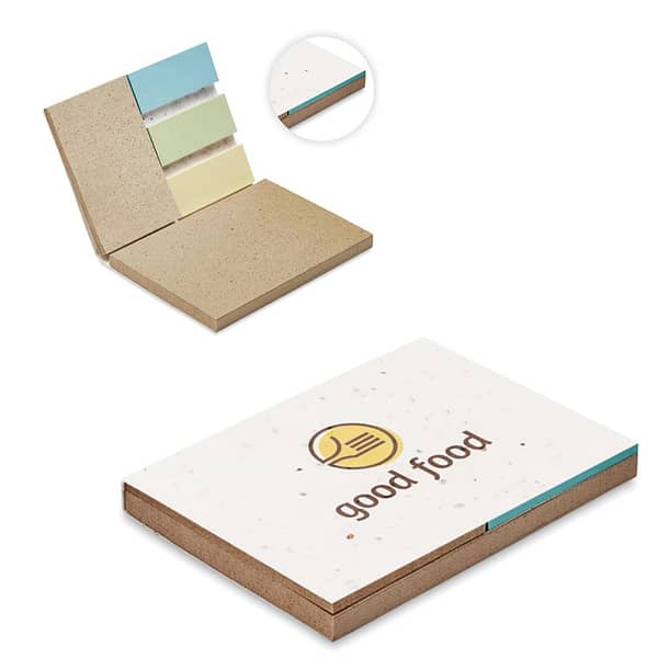 Memo pad with logo GROW ME Memo pad with logo Eco-friendly. Soft wildflower mix seed paper cover. 50 sheets sticky grass paper memo pad. Made in EU. After recording your thoughts on the last sheet, plant the cover and watch it grow into a wildflower meadow. Depending on the surface we can use embroidery, engraving, 360° imprint or screen print.