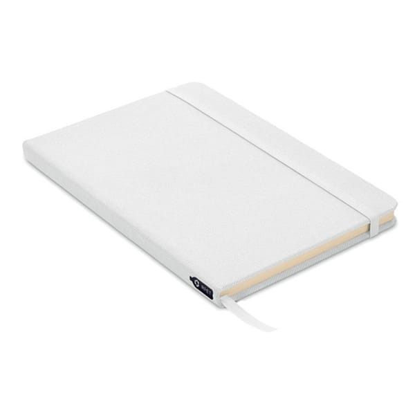 NOTE RPET A5 notebook with logo A5 notebook with logo with hard 600D RPET cover. Case-bound. 160 lined recycled paper pages (80 sheets). Matching elastic closure strap and ribbon bookmark. Depending on the surface we can use embroidery, engraving, 360° imprint or screen print.