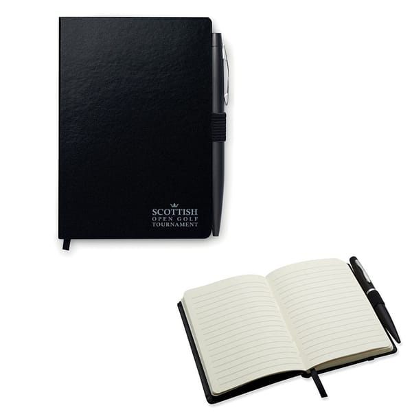 Notebook with logo NOTALUX A6 Notebook with logo and pen. Hard PU cover. Casebound. 144 lined pages (72 sheets). Matching elastic closure strap, ribbon bookmark and pen holder. Matching metal push button ball pen. Blue ink. Dimensions: 14,5X10X1,2CM  Width: 10 cm Length: 14.5 cm Height: 1.2 cm Depending on the surface we can use embroidery, engraving, 360° imprint or screen print.