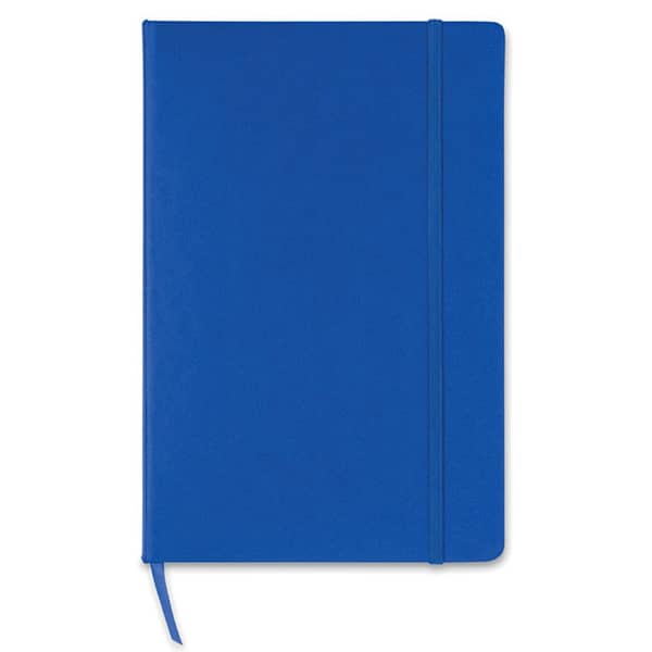 Notebook with logo SQUARED A5 Notebook with logo and hard PU cover. Casebound. 192 squared pages (96 sheets).  Matching elastic closure strap and ribbon bookmark. Dimensions: 21X14X1,41 CM. Available in blue, black and red. Depending on the surface we can use embroidery, engraving, 360° imprint or screen print.